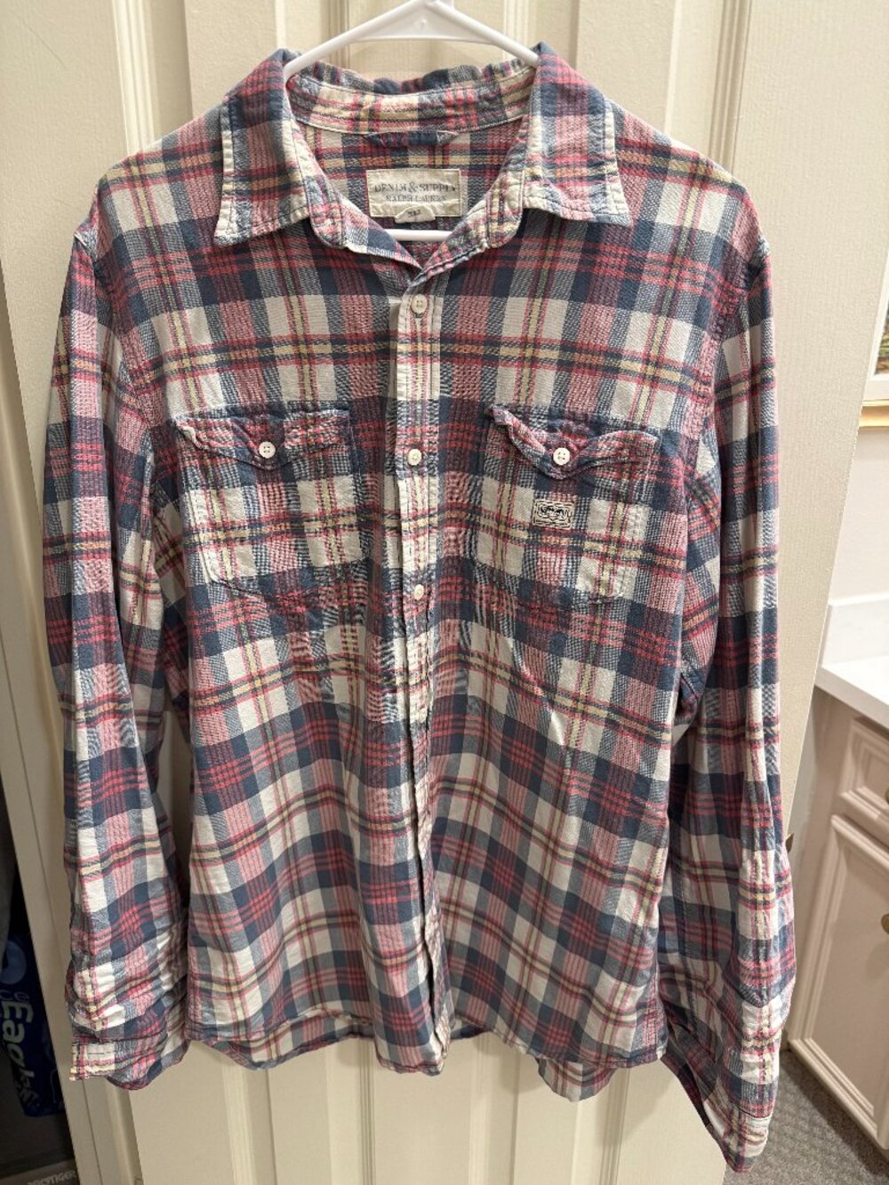 Denim & Supply Ralph Lauren Men's Plaid Flannel Shirt Red Blue Cream